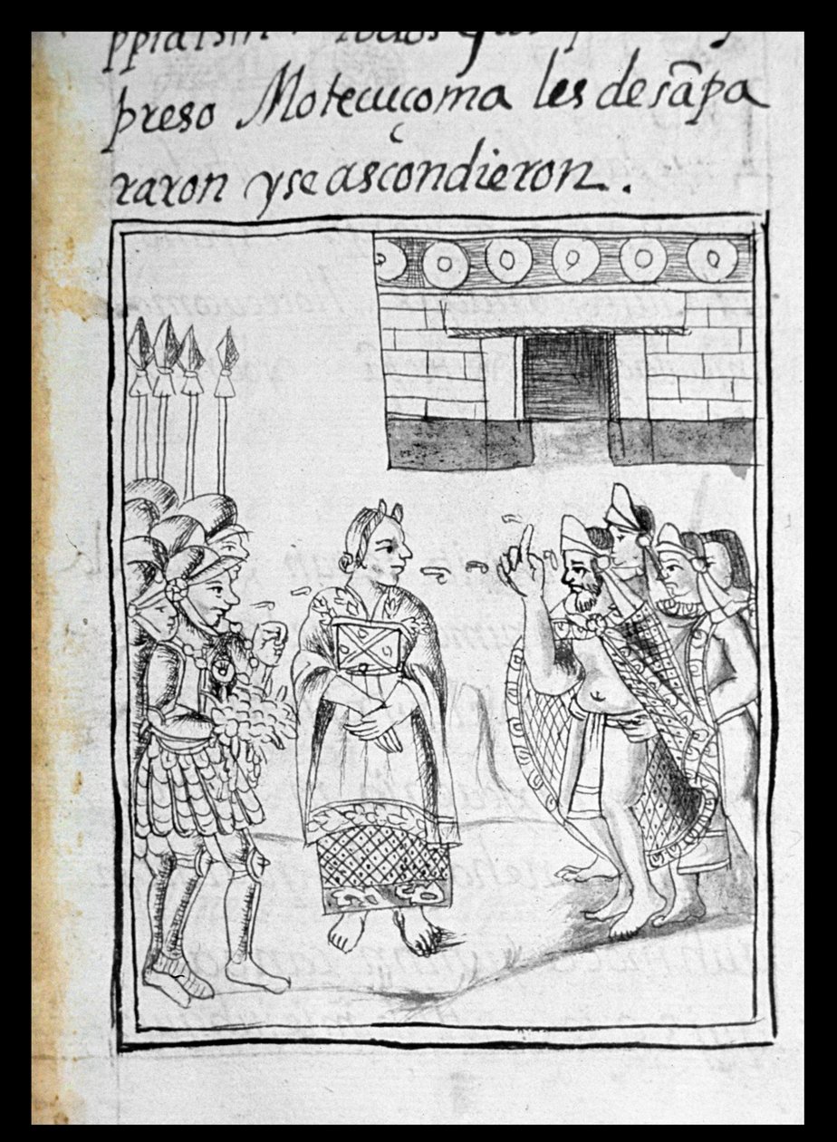 Fru Palat. 218-220 Bog IX Marina tolker for spanierne ved et møde mellem Hernando Cortes og Montezuma (1466-1520), fra "Florentine Codex" af Bernardino de Sahagun, ca. 1540-85 af Spanish School