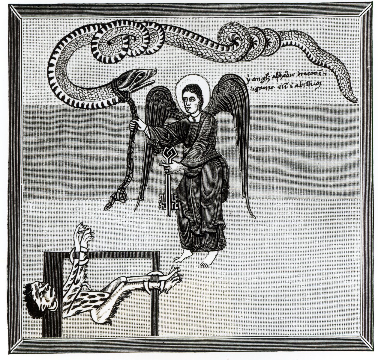 Englen, der holder Helvedes nøgler, lænker Djævelen, i form af en drage, i hulen, fra en kommentar til apokalypsen af den asturiske munk Beatus af Liebana, ca. 776, illustration fra 