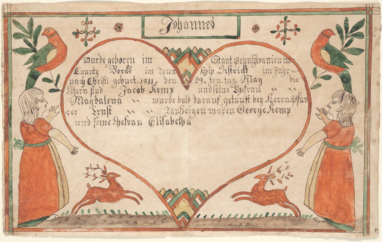 Fødsels- og dåbsattest (Geburts und Taufschein) for Johannes Kemp, illustration fra 