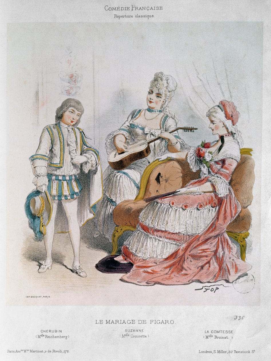 Mademoiselle Reichemberg som Cherubin, Mademoiselle Croizette som Suzanne og Mademoiselle Broisat som grevinde i 