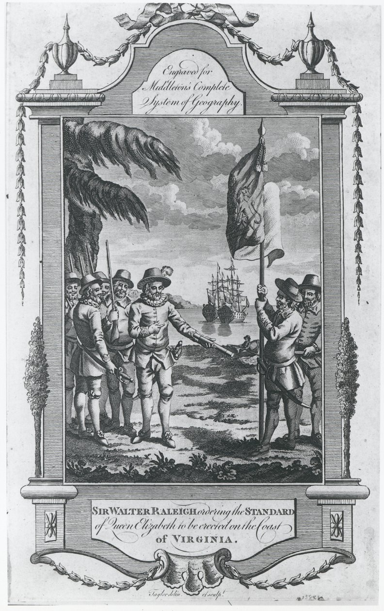 Sir Walter Raleigh (1552-1618) beordrede dronning Elizabeths standard til at blive opført på kysten af Virginia, 1584, indgraveret af kunstneren for 