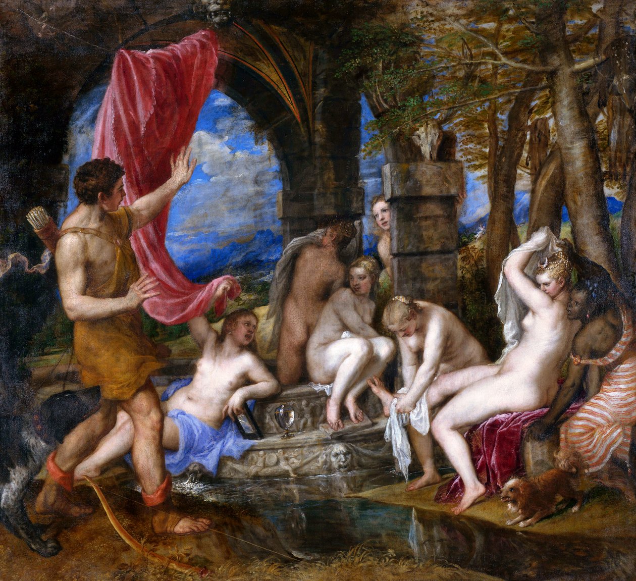 Aktaion overrasker Diana, mens hun bader af Tiziano Vecelli