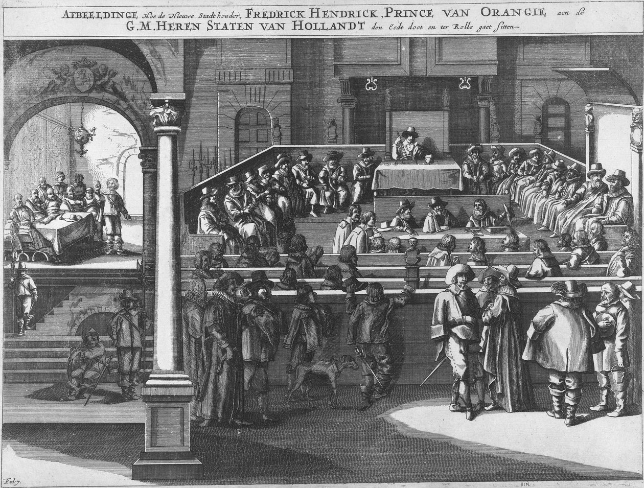 Illustration, Hvordan den nye stadsholder, Fredrick Hendrick, prins af Oranien, aflægger ed over for de hollandske staters herrer og sidder i rådet Frederik Henrik aflægger ed som stadsholder og sidder i de hollandske stater, 1625 af Unknown
