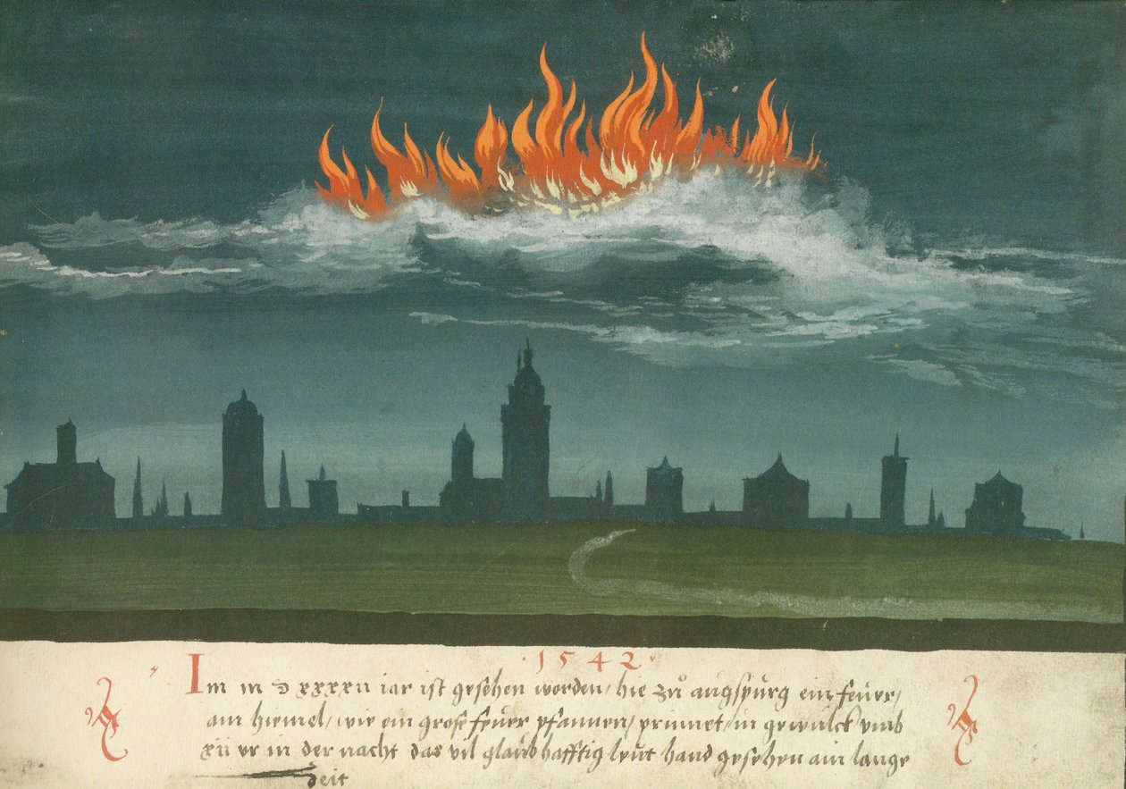 Augsburger Wunderzeichenbuch - Folio 144: Himmelsk ild over Augsburg 1542 af Unknown