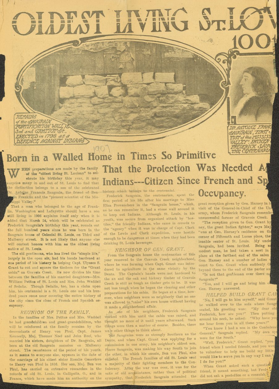 Oplyser, at Frederick Saugrain er den ældste nulevende St. Louis bosiddende ved 100 år af Unknown