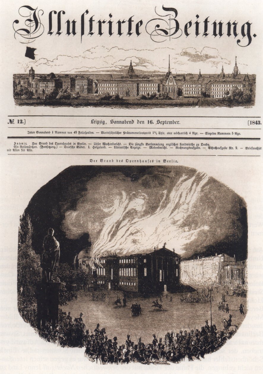 Forsiden af ​​Leipziger Illustrierte Zeitung, 16. september 1843, der skildrer branden i Operahuset i Berlin den 18. august 1843 af Unknown