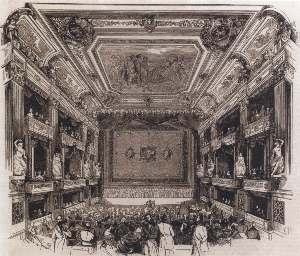 Auditorium for det genopførte kongelige operahus i Berlin, 1844, Illustrierte Zeitung nr. 88, Berlin 1845 af Unknown