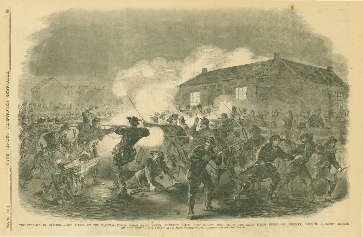 han Kampagne i Missouri -natangreb på de nationale styrker under major Bowen, besættende Salem, Dent County, Missouri, af oprørsstyrkerne under oberst Freeman, 3. december - Bloody Repulse of the Rebels. af Unknown