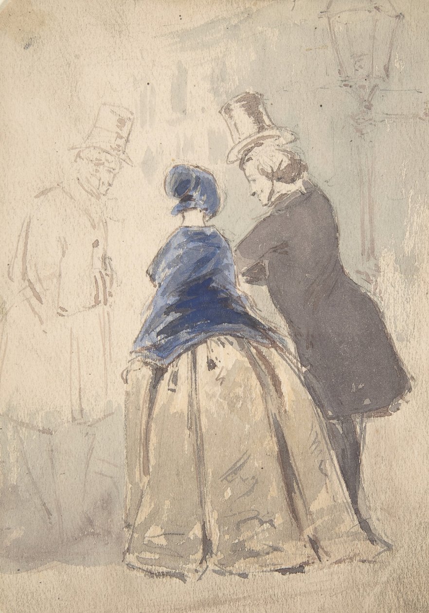 Gadescene fra Vanity Fair, med Amelia, George Osborne og Dobbin recto..., 1800-1819. af Jerry Barret
