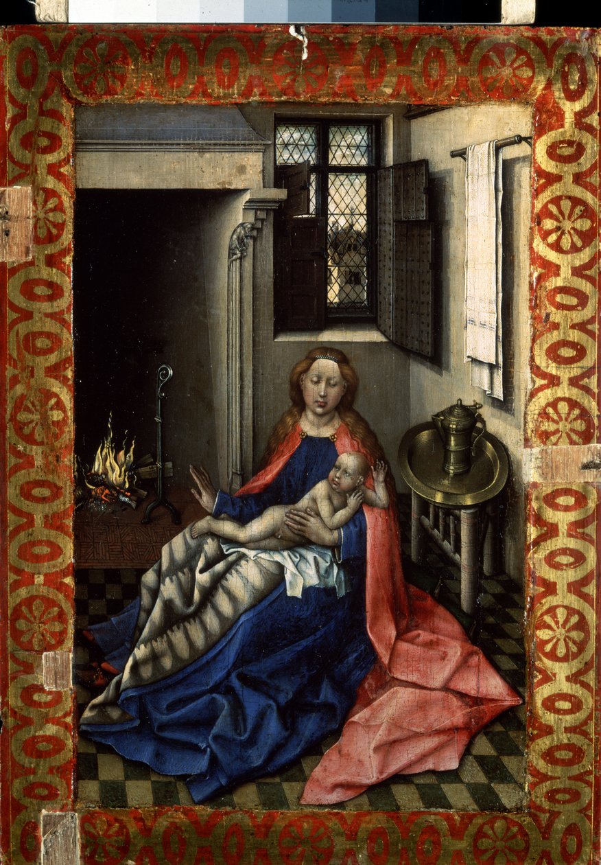 ""Madonna og barn nær en pejs"" (Jomfruen og barnet ved en pejs) Højre rude i en ditykon. Maleri på træ af Robert Campin, kendt som Mesteren af ​​Flemalle (1375-1444) omkring 1430 Mål 34,3x24,5 cm Eremitagemuseet, Sankt Petersborg af Master of Flémalle