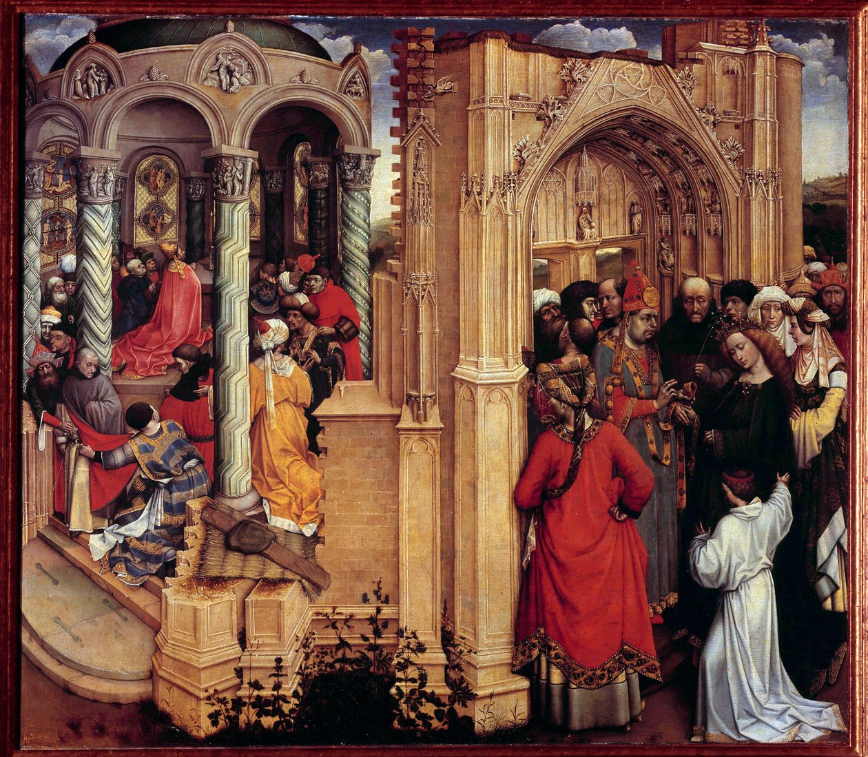 The Marriage of the Virgin Træmaleri af Robert Campin kaldet Mesteren af Flemalle (1375-1444) 15. århundrede Sun. 0,77x0,88 m Madrid, Prado-museet - Jomfruens bryllup. Maleri på træ af Robert Campin kendt som Mesteren af Flemalle (1375-144 af Master of Flémalle