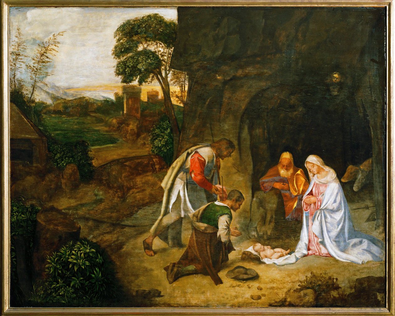 Hyrdernes tilbedelse (olie på poppeltræ) af (1476/8-1510) Giorgione