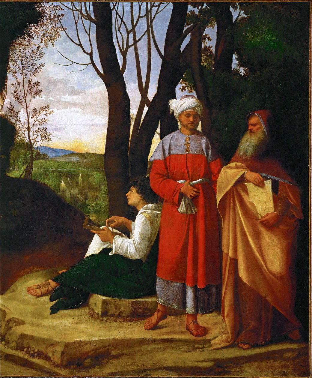 Tre filosoffer, Pythagoras, Thales og Pherekydes (olie på lærred) af (1476/8-1510) Giorgione