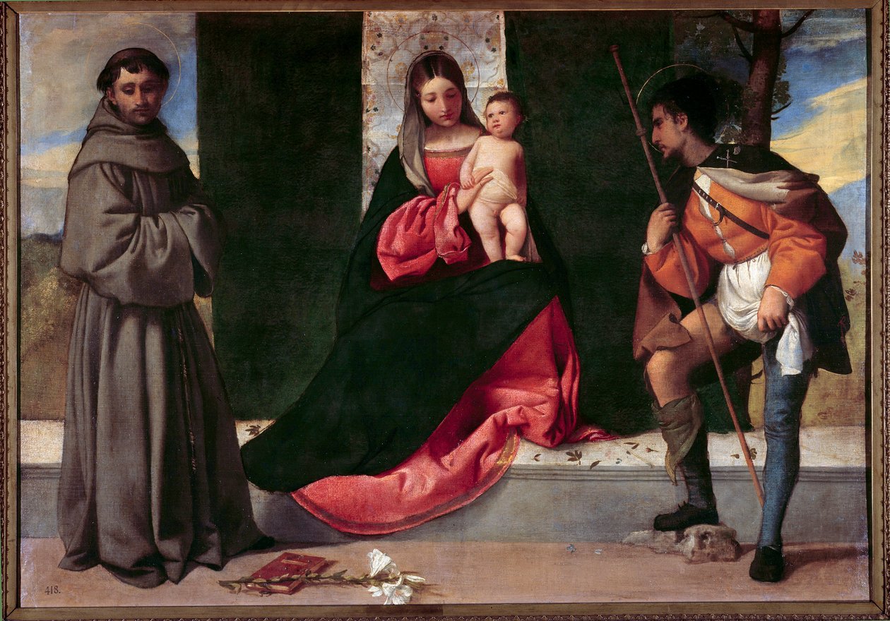 Jomfruen og barnet mellem Sankt Antonius af Padova (san antonio di padova) og Sankt Roch Maleri af Giorgio Barbarelli da Castelfranco dit Giorgione (1477-1510). 16. århundrede søn. 0,92x1,33 m Madrid, Prado Museum af Giorgione