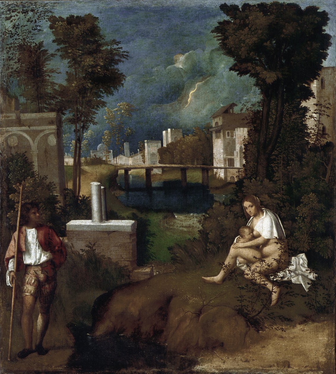 Stormen. Detalje af kvinden, der ammer sit barn og landskab - olie på lærred, omkring 1505-1506 af Giorgione