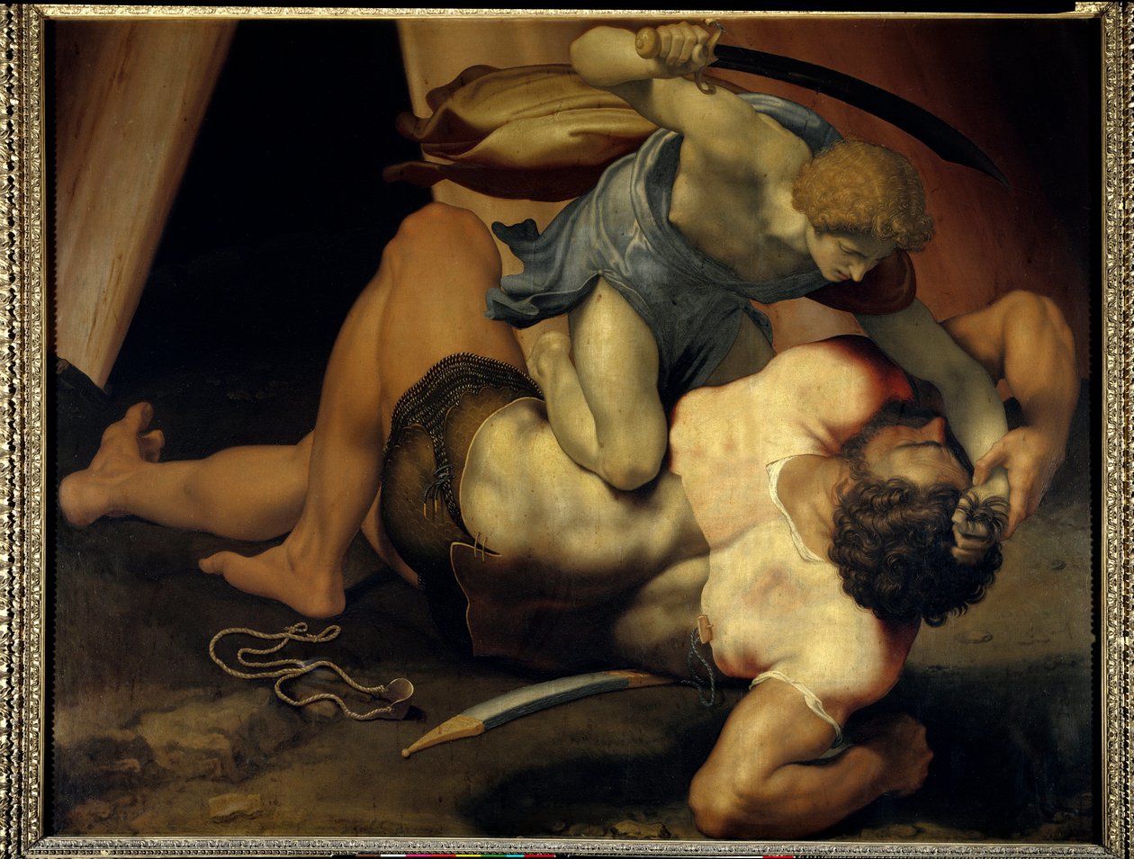 David og Goliat Maleri på dobbeltsidet skifer af Daniele de Volterra (1509-1566) (ec ital) 1500-tallet søn 1,33x1,72 m Paris musee du Louvre af Daniele da  Volterra