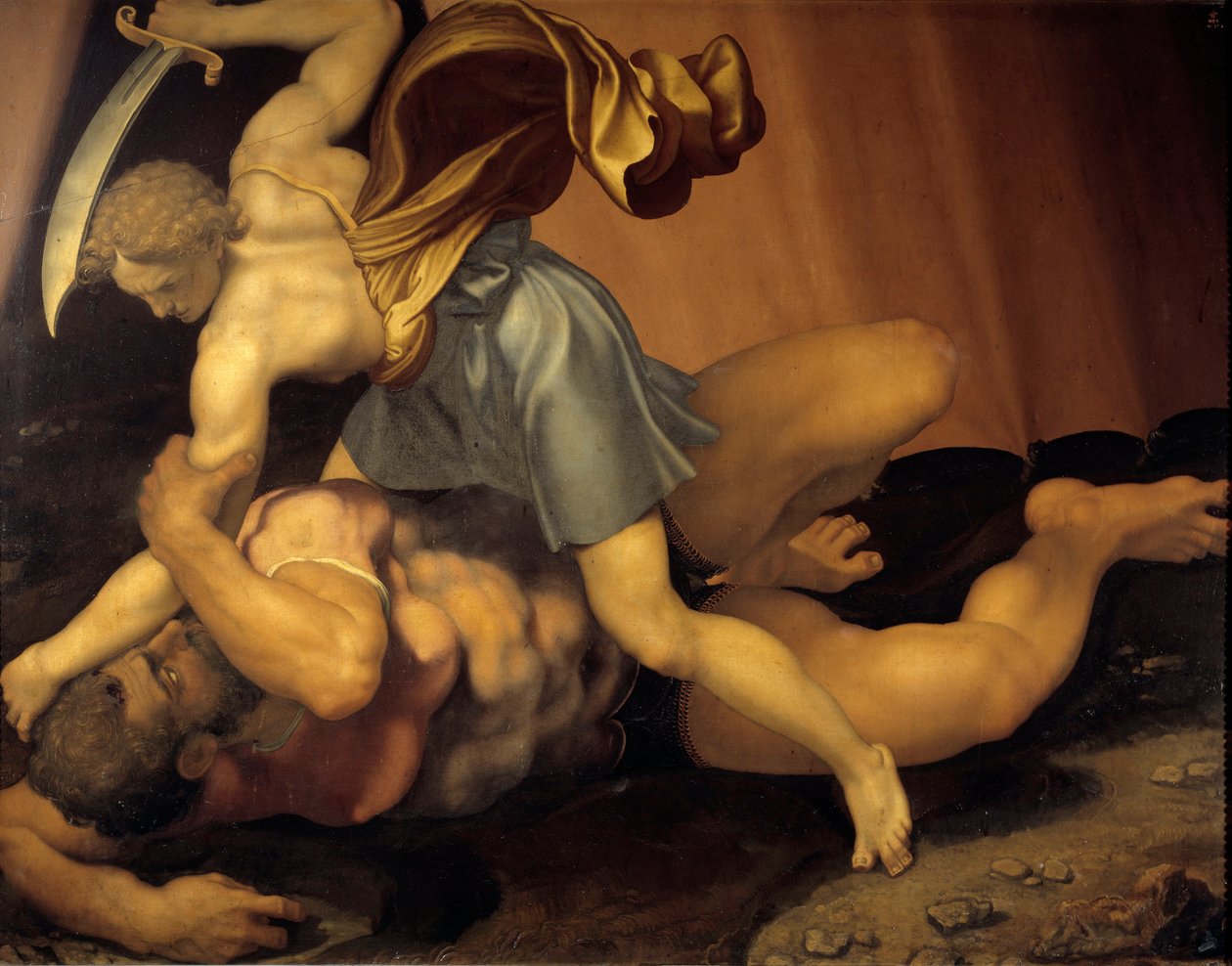 David og Goliat Maleri på dobbeltsidet skifer af Daniele de Volterra (1509-1566) af Daniele da  Volterra