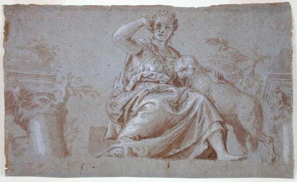 Sagtmodighed (pen og brun vask og kropsfarve på blåt papir) af Veronese