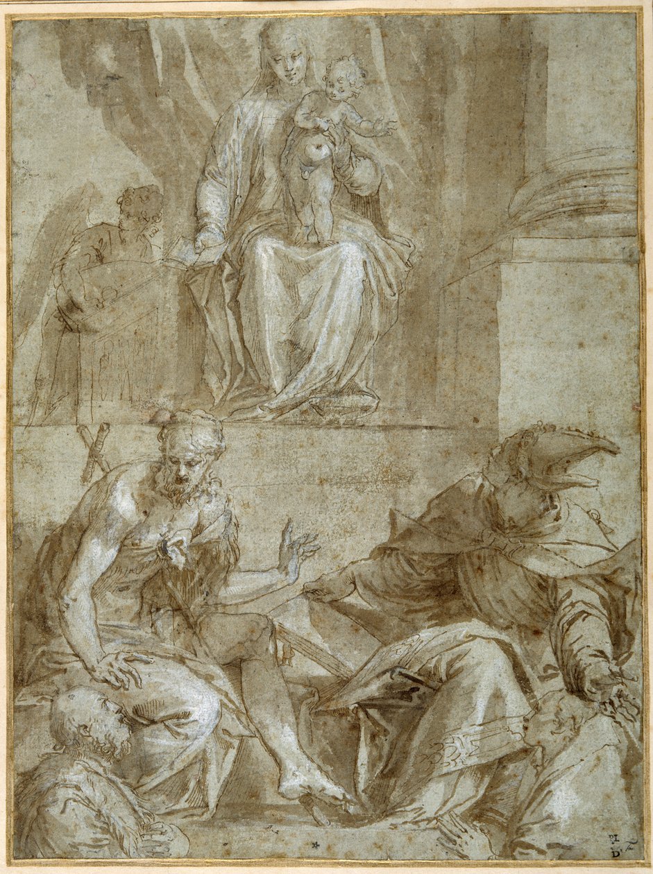 Jomfru og barn på tronen med de hellige Johannes Døberen, ca. 1548 (pen, sort blæk & brun vask på papir) af Veronese