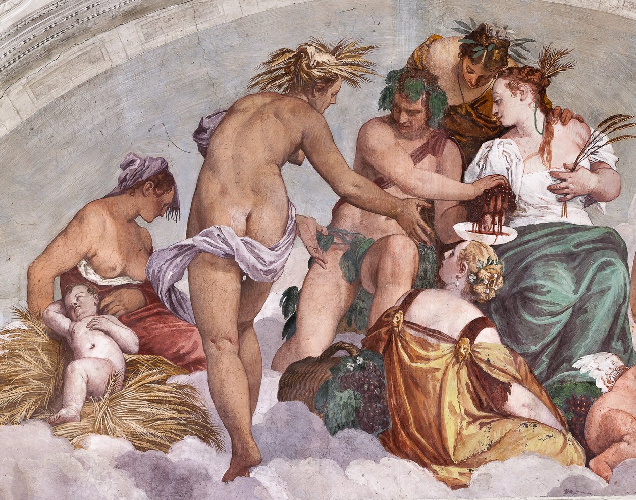 Allegorier om sommer og efterår (Bacchus og Ceres), Northern Wall, lunette over døren til haven, Hall of Olympus af Veronese