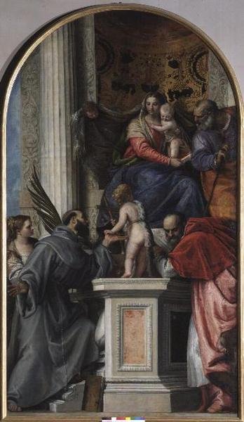 Madonna med tronende barn, Johannes Døberen som dreng, Sankt Josef, Sankt Hieronymus, Sankt Justinia og Sankt Frans. af Veronese