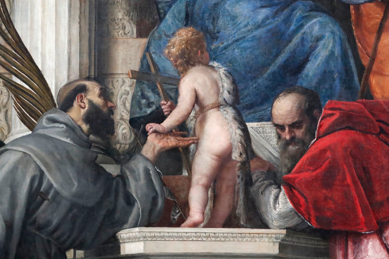 Madonna og barn med de hellige Joseph, Justina, Francis, spædbarnet Johannes Døberen og Hieronymus af Veronese