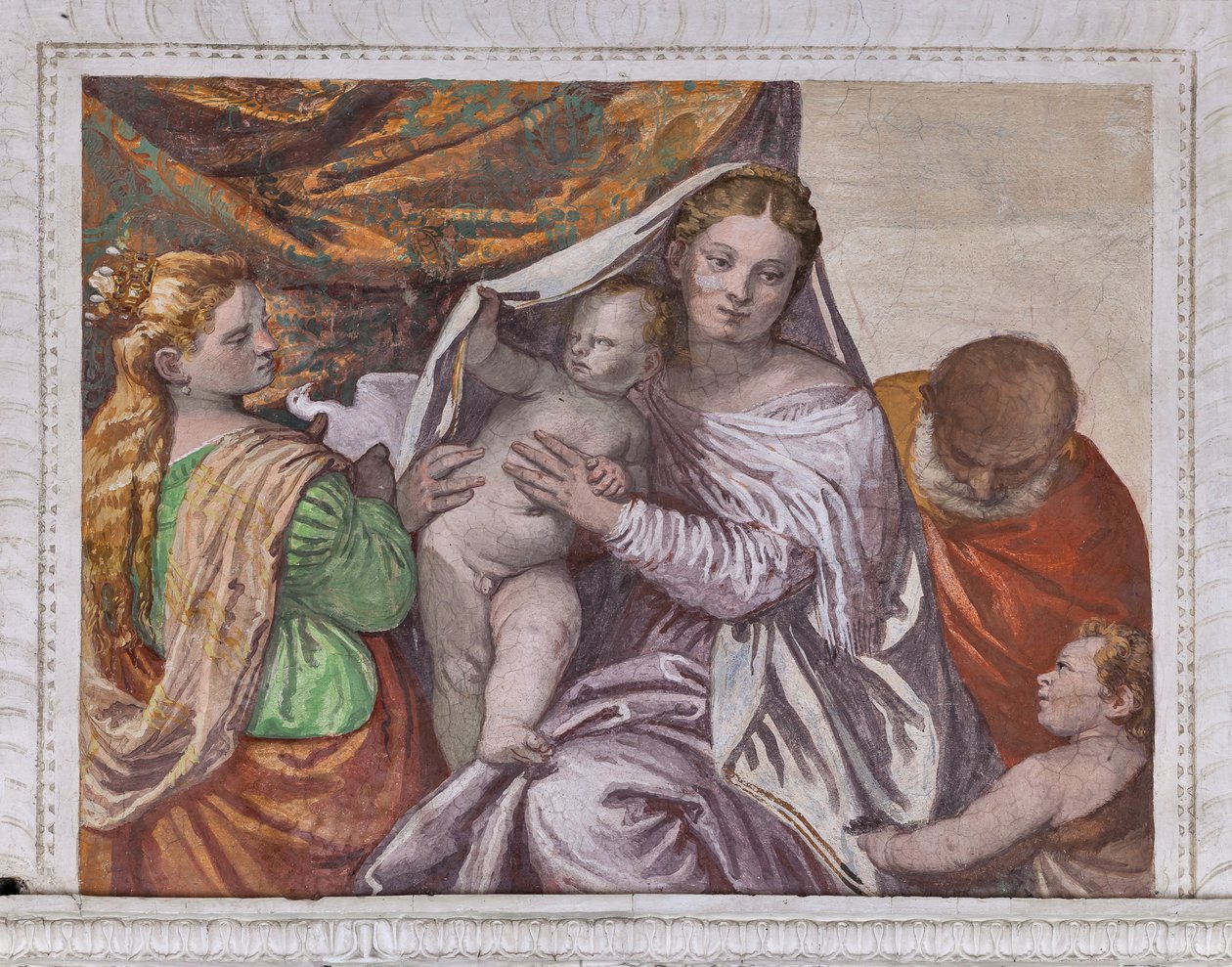 Madonna med spædbarnet Jesus og St. Catherine tilbyder en due til Jesus, den sydlige væg i værelset til den lille hund, detalje af 2632659 af Veronese