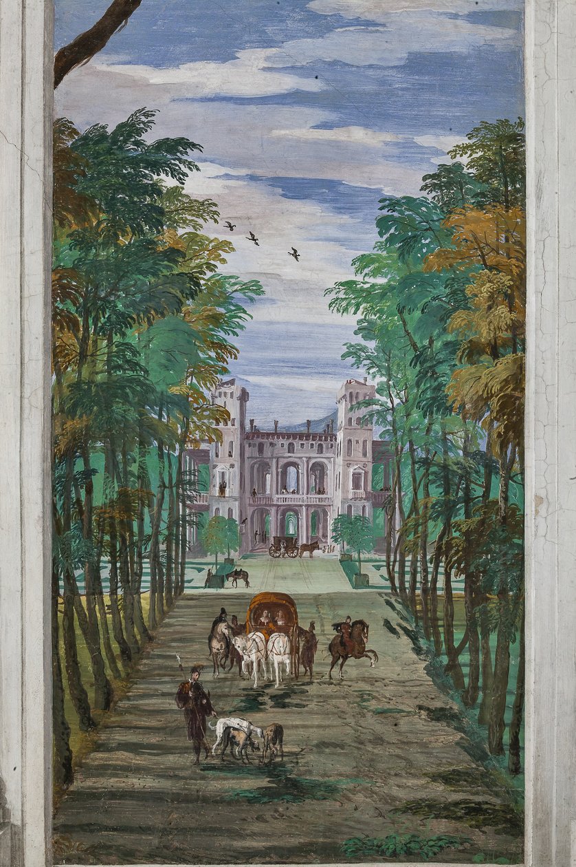 Perspektiv med udsigt over landskabet og vogne, Northern Wall, Bacchus Room af Veronese