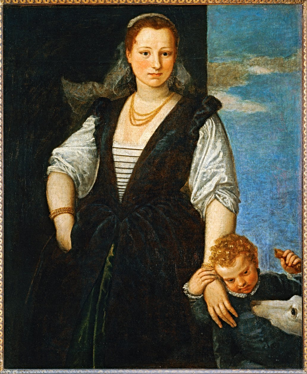 Portræt af en kvinde med et barn og en hund - Portrait de femme avec un enfant et un chien ... af (1528-88) Veronese