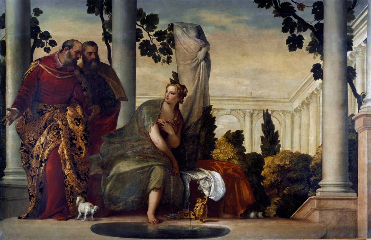 Suzanne og de gamle mænd. Maleri af Paolo Caliari kaldet Paul Veronese (1528-1588), ca. 1570. Olie på lærred. Mål: 175x320 cm. Gener, Banca Carige Collection af Veronese