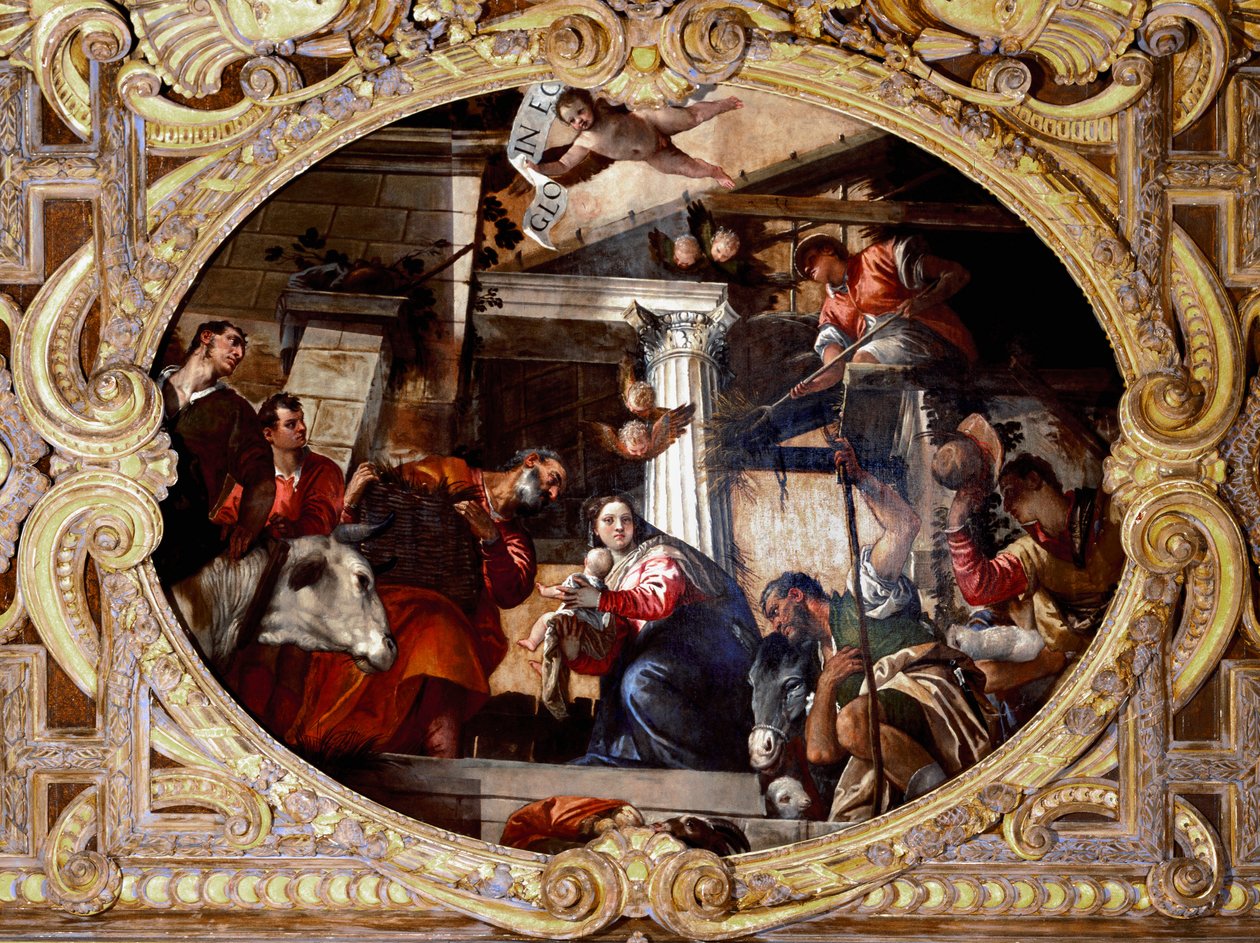 Tilbedelse af hyrder. Maleri af Paolo Caliari kaldet Paolo Veronese (1528-1588), efter 1568. Olie på lærred. Mål: 910x455 cm. Venedig, SS-basilikaen. Giovanni e Paolo (San Zanipolo), rosenkransens kapel. Venedig (basilikaen af ​​de hellige Giovanni og Paol af Veronese
