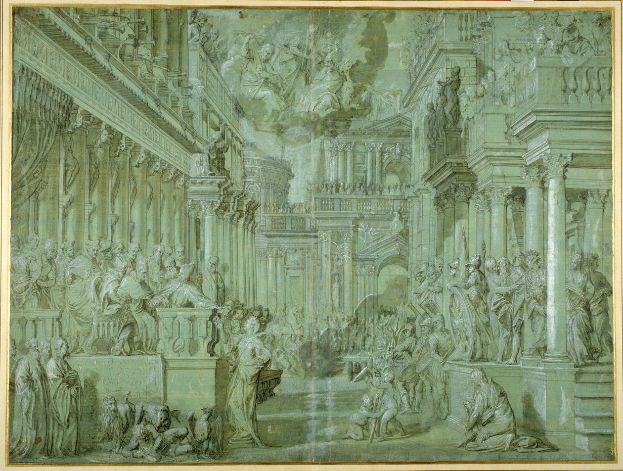 Allegori til fejring af udgivelsen af Den Hellige Liga i 1571 (pen og brun lavis med forhøjning) af Veronese