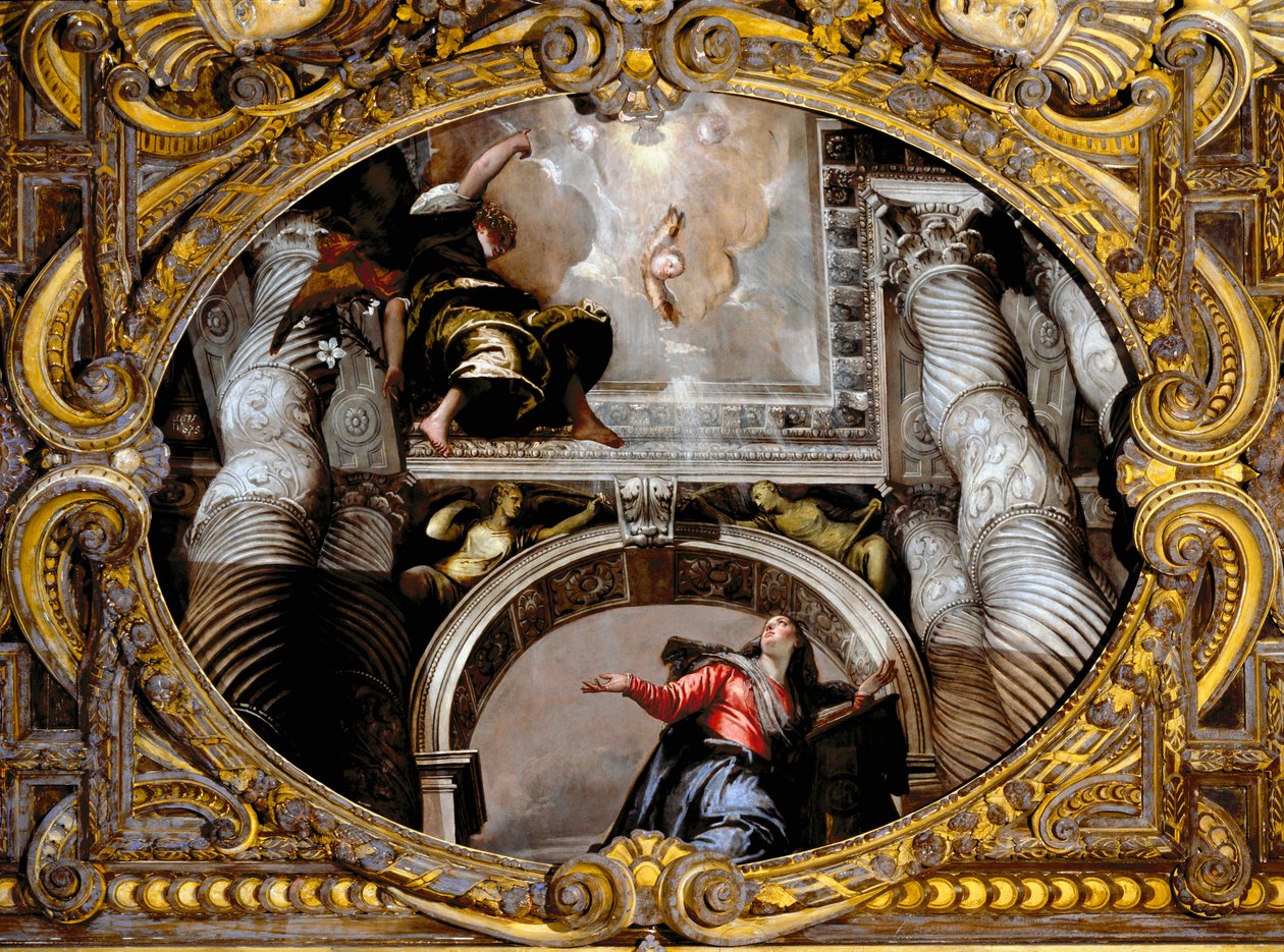 Bebudelse. Maleri af Paolo Caliari kaldet Paolo Veronese (1528-1588), efter 1568. Olie på lærred. Mål: 340x455 cm. Venedig, SS-basilikaen. Giovanni e Paolo (San Zanipolo), rosenkransens kapel. Venedig (Basilica of Saints Giovanni and Paolo (San Zanipo af Veronese