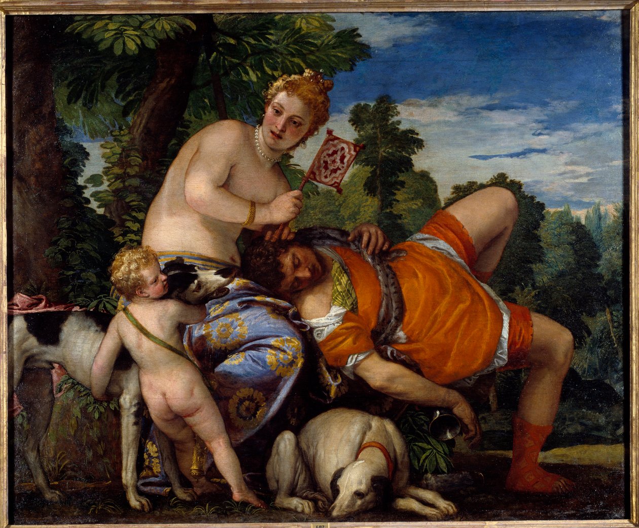 Afrodite og Adonis. Adonis, figur af græsk mytologi, elsker Afrodite. Maleri af Paolo Veronese (1528-1588) af Veronese