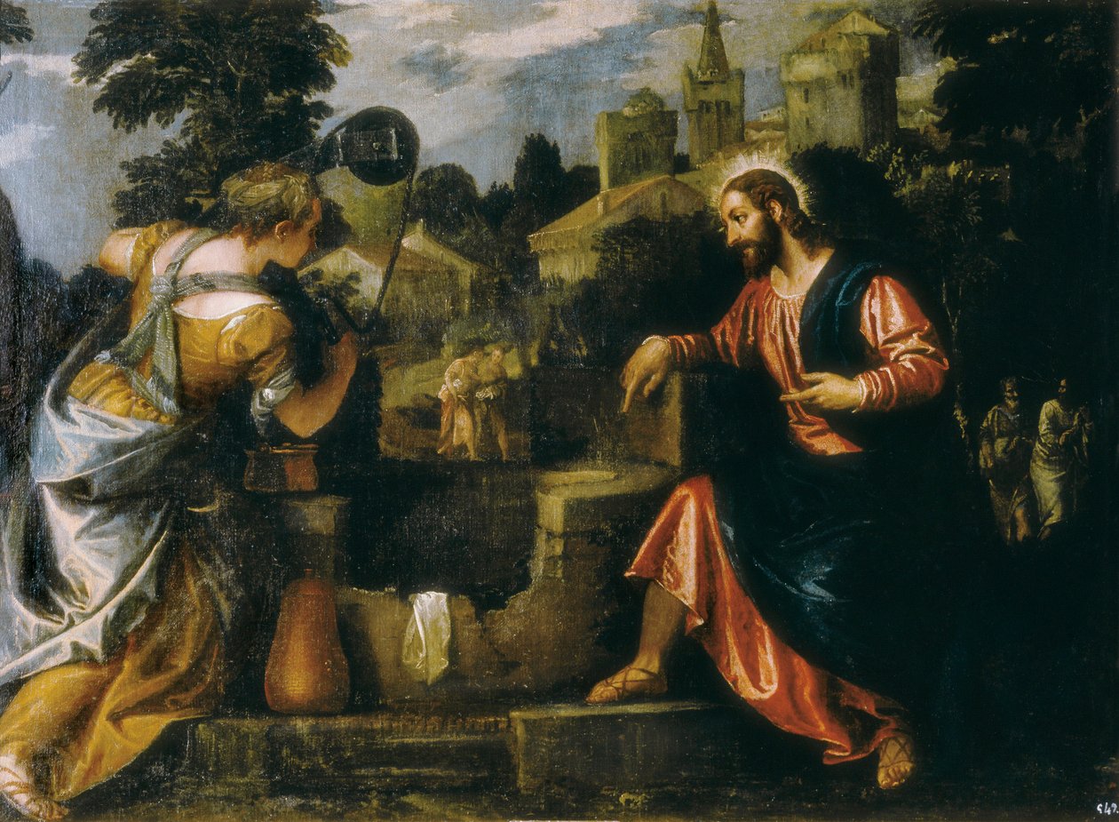 Kristus og den samaritanske kvinde ved brønden. Maleri af Paolo Caliari sagde Paolo Veronese (1528-1588), 1580. Real Monasterio de San Lorenzo de El Escorial. af Veronese