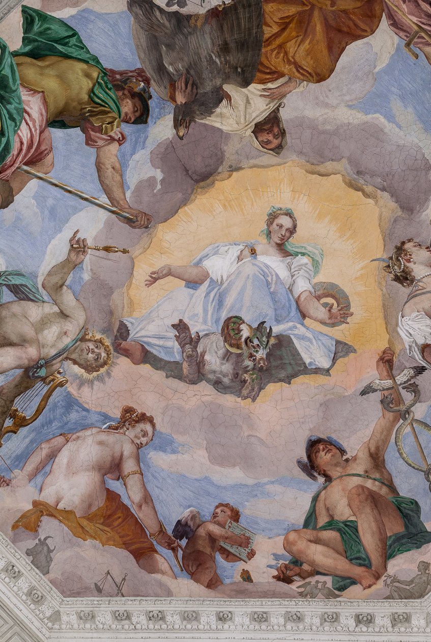 Universal Harmony omgivet af guder: Zeus med en ørn, Mars, Apollo med lyren, Venus, Merkur med caduceus, Diana med hunde og Saturn, den centrale ottekant af Olympus Hall af Veronese