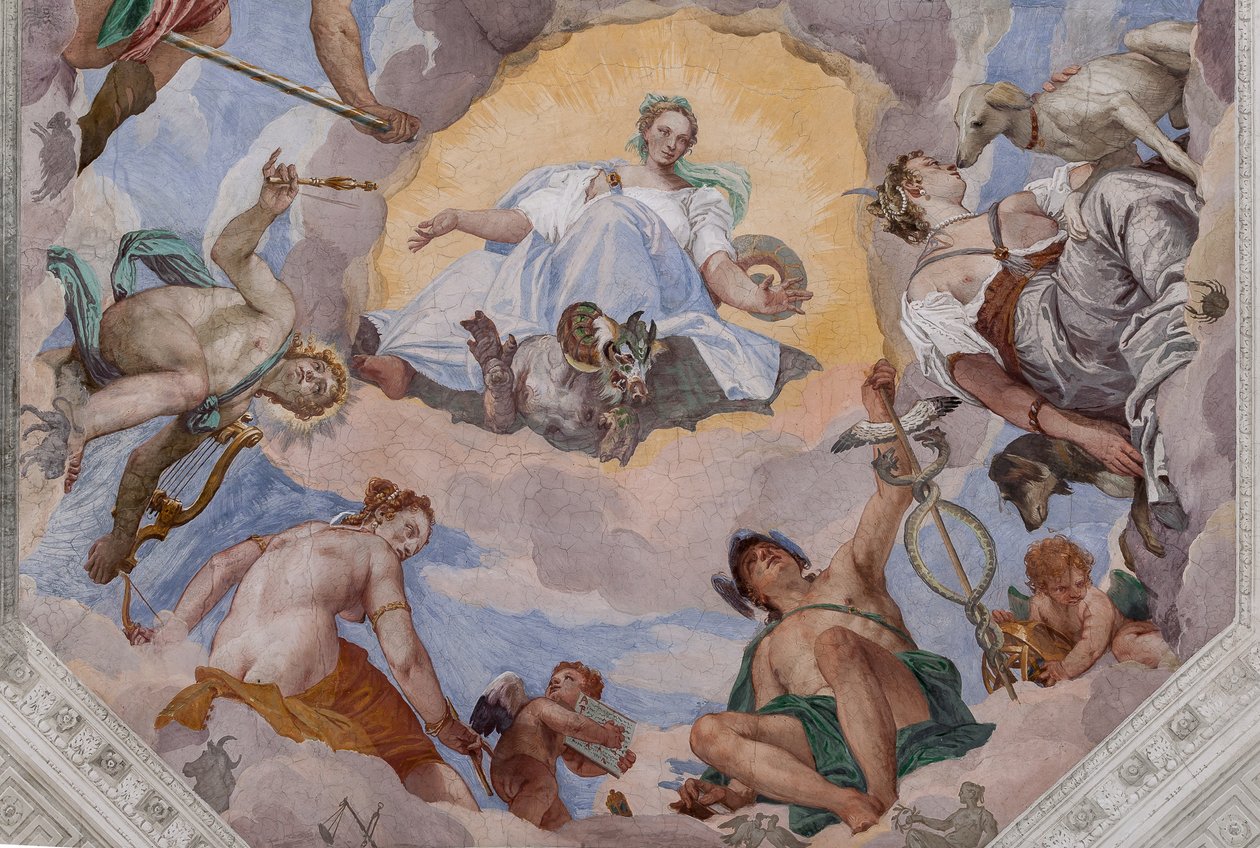 Universal Harmony omgivet af guder: Zeus med en ørn, Mars, Apollo med Lyre, Venus, Merkur med Caduceus, Diana med hunde og Saturn, den centrale Octagon i Hall of Olympus af Veronese