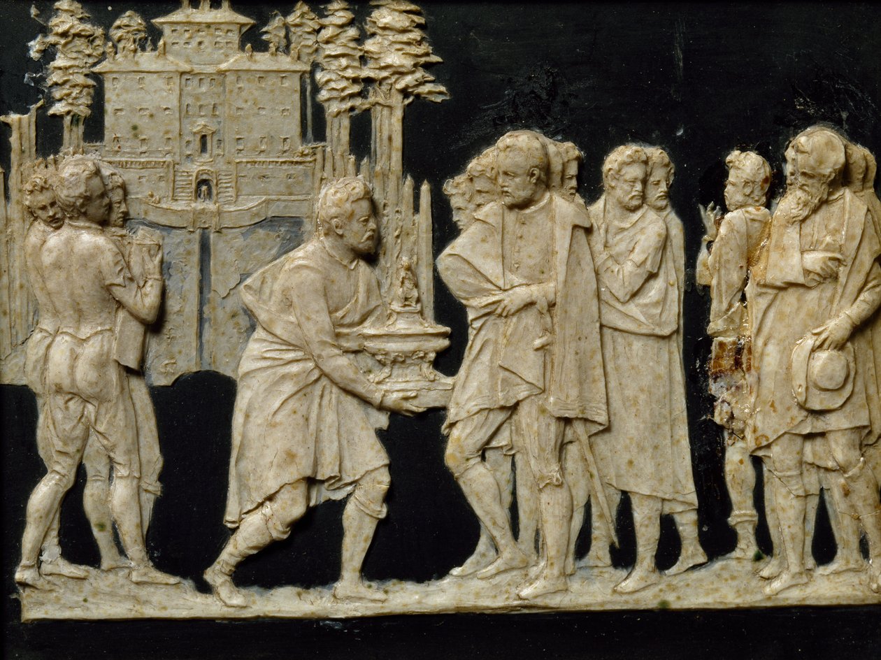 Præsentation til Francesco I af modelfontæne i Pratolino, af Jean de Boulogne aka Giambologna (1529-1608), voksflise af Giambologna