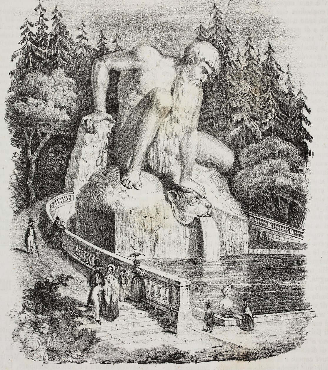 Colossus of Appennines (af Giambologna) i parken ved Villa Demidoff (Villa Medicea of ​​Pratolino), Vaglia, Toscana, Italien, litografi af Giovanni Mariani fra Poliorama Pittoresco, n 10, 15. oktober af Giambologna
