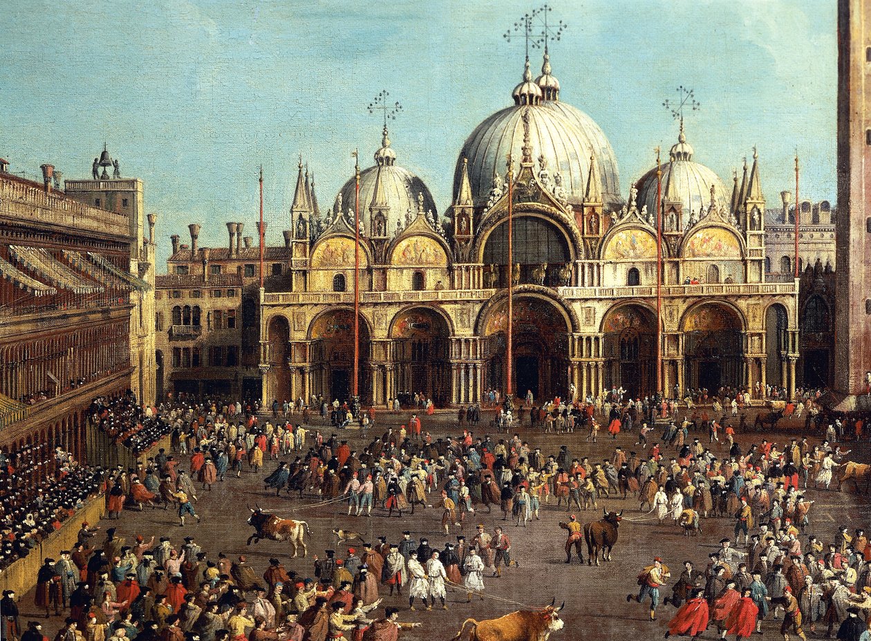 Tyrefægtning eller tyrejagt på Piazza San Marco, af Giovanni Antonio Canal, kendt som Canaletto (1697-1768) og af Giovanni Battista Cimaroli (1687-efter 1753), olie på lærred, 99x145 cm af Canaletto