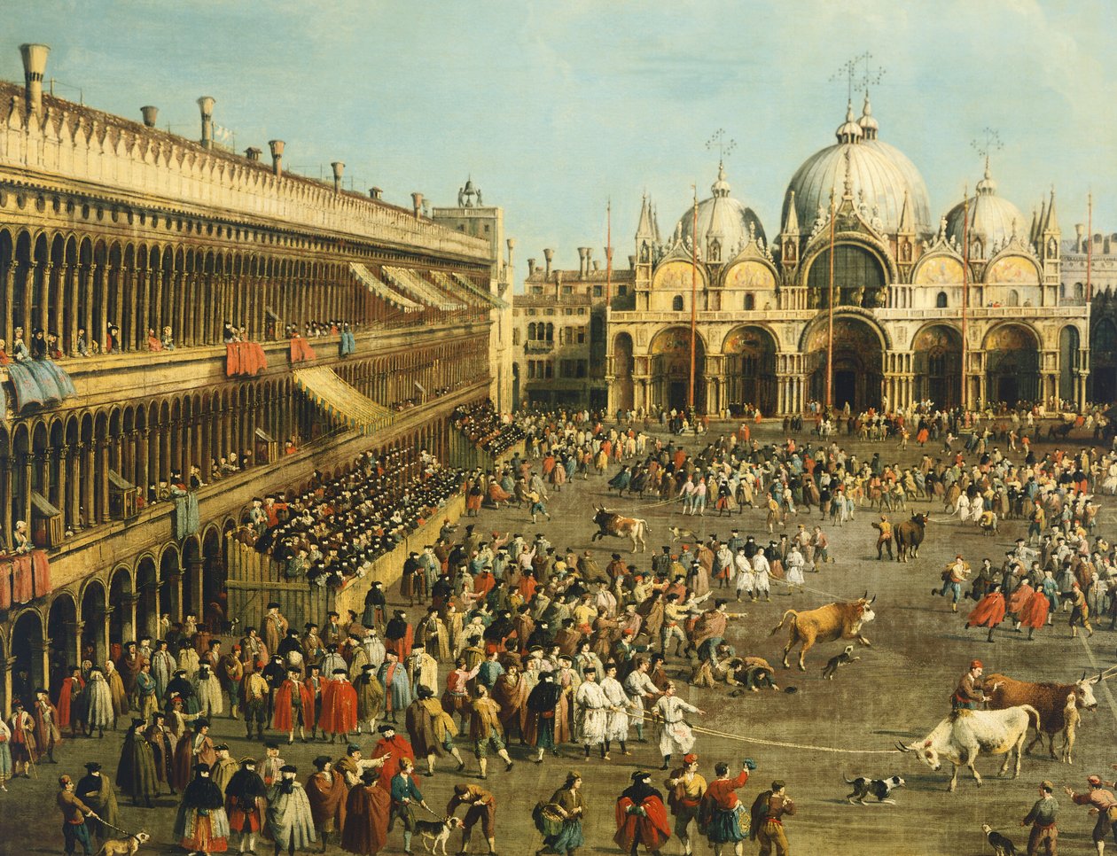Tyrefægtning eller Tyrejagt på Piazza San Marco, af Giovanni Antonio Canal (1697-1768) og af Giovanni Battista Cimaroli (1687-efter 1753), olie på lærred, 99x145 cm af Canaletto