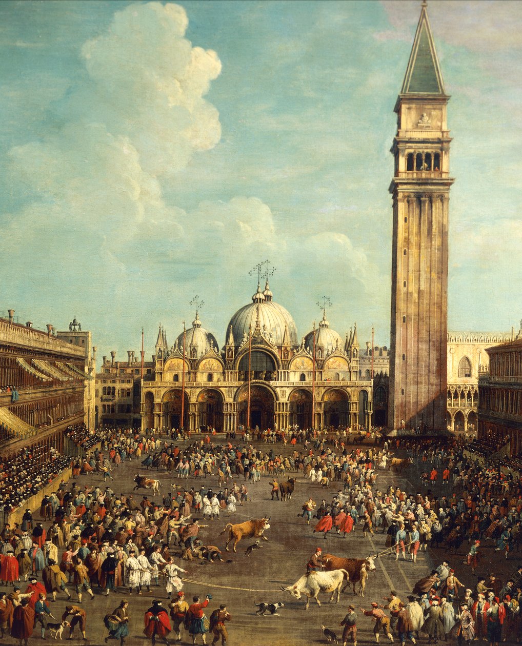 Tyrefægtning eller tyrejagt på Piazza San Marco, af Giovanni Antonio Canal, kendt som Canaletto (1697-1768) og af Giovanni Battista Cimaroli (1687-efter 1753), olie på lærred, 99x145 cm af Canaletto