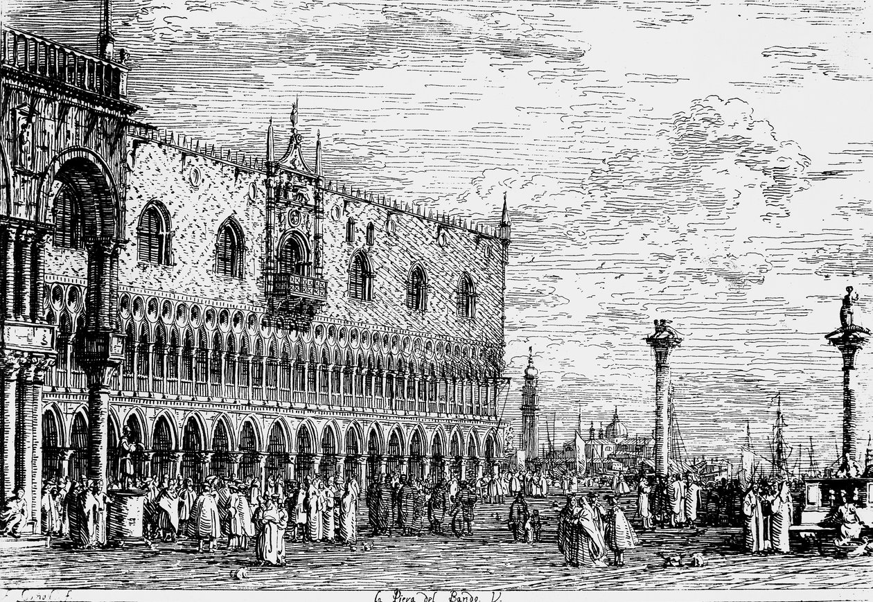 Dogepaladset og Piera del Bando, Venedig, gravering af Giovanni Antonio Canal, kendt som Canaletto (1697-1768), Italien af Canaletto