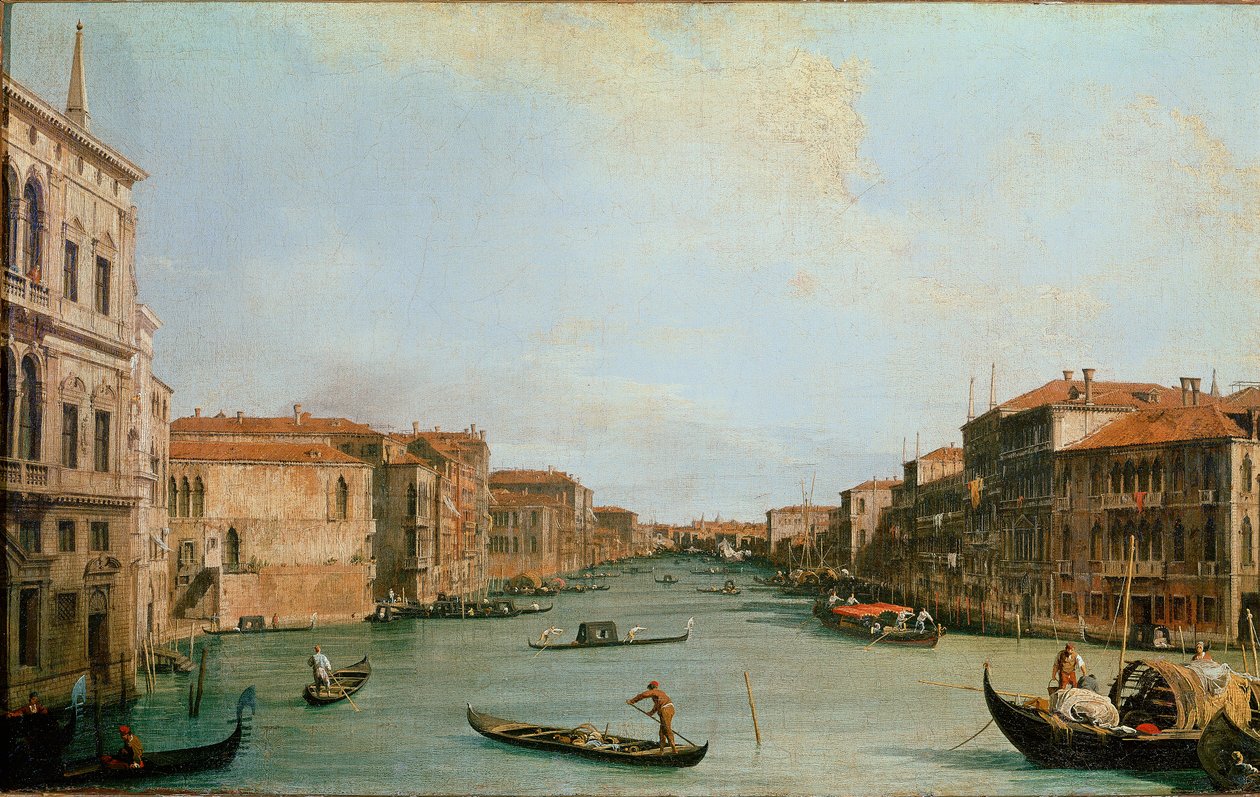 Canal Grande set fra Palazzo Balbi (Il Canal Grande da Palazzo Balbi). Udsigt over Venedig langs kanalen. Maleri af Giovanni Antonio Canal kendt som il Canaletto (1697-1768). Olie på lærred. Mål: 45x73 cm. Firenze, Uffizi Gallery (Firenze, Uffizi af Canaletto