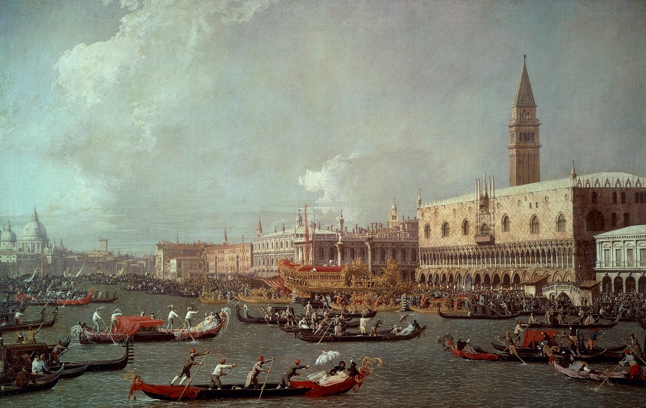 Bucentaurens tilbagevenden til molen på Kristi Himmelfartsdag, ca. 1760, af Giovanni Antonio Canal kendt som Canaletto (1697-1768), olie på lærred af (1697 1768) Canaletto