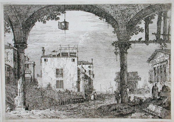 Udsigt gennem en arkade mod kystnære bygninger (radering) af Canaletto
