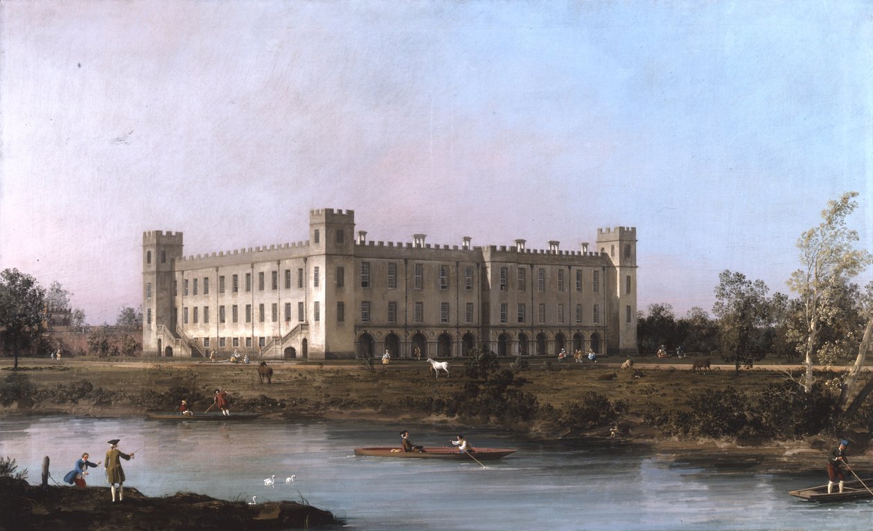 En udsigt over Syon House på tværs af Themsen fra sydøst af Canaletto