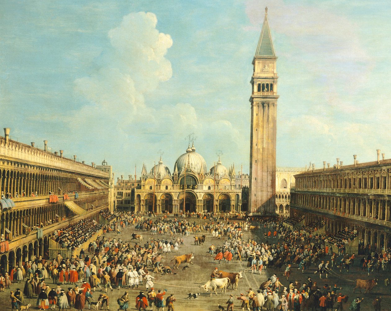 Tyrefægtning eller Tyrejagt på Piazza San Marco, af Giovanni Antonio Canal (1697-1768) og af Giovanni Battista Cimaroli (1687-efter 1753), olie på lærred, 99x145 cm af Canaletto