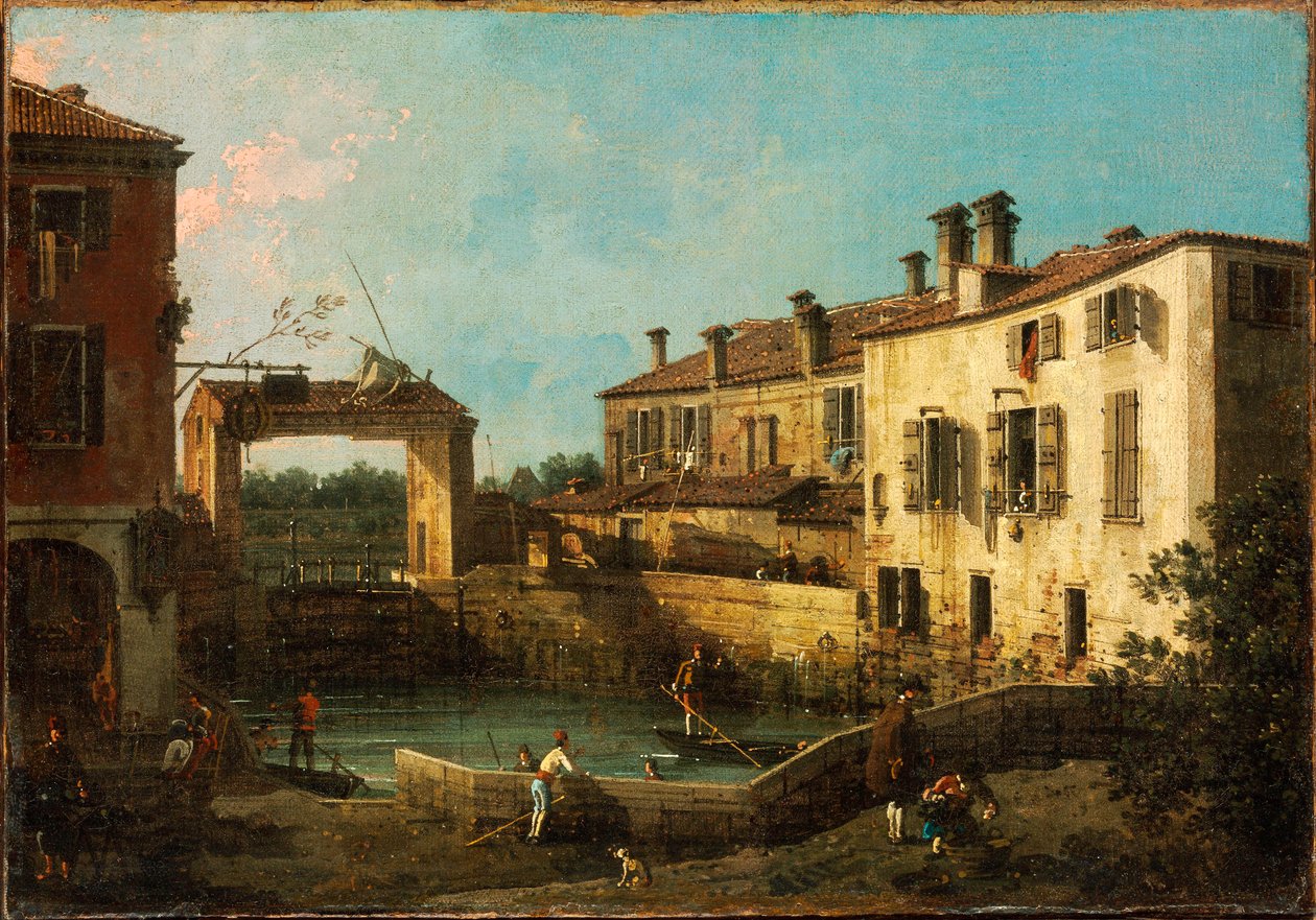 "" Ecluse pres de Dolo, Venedig "" (Lås nær Dolo, Venedig) Peinture de Giovanni Antonio Canal dit Canaletto (1697-1768) 1776 Dim 30,5x44,5 cm Szepmuveszeti Muzeum, Budapest af Canaletto