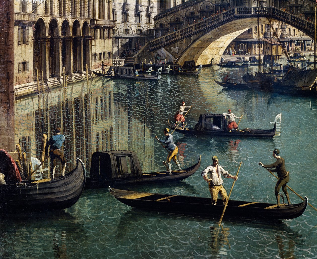 Rialtobroen i Venedig, detalje (olie på lærred) af Canaletto